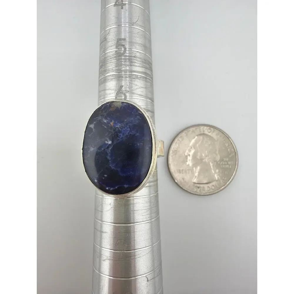 Deep Blue Oval Sodalite 925 Sterling Silver Ring Size 8.5